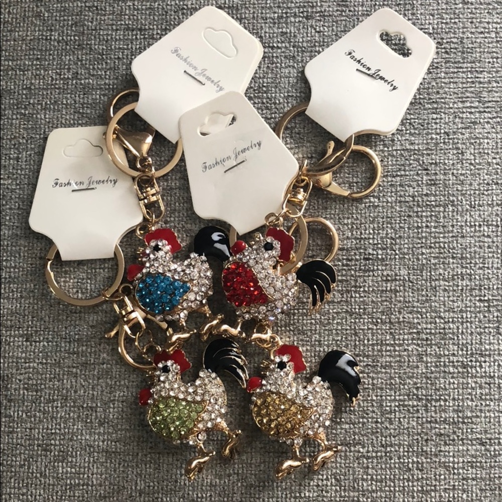 Rhinestone Rooster Chicken Keychain Key Ring